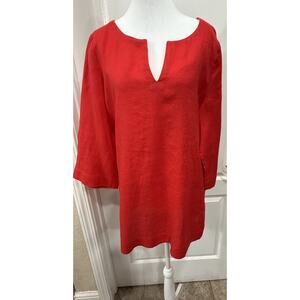J Jill Tunic Size Large 100% Linen Red Split Neckline Side Slits 3/4 Sleeve